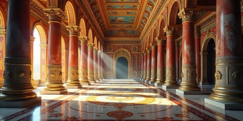 Sunlit Hallway of Ornate Columns and Gilded Detailing in a Majestic Palace