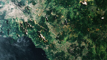 Aerial View of Coastal City and Lush Green Landscape from Space
