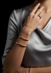 Elegant woman hand with gold bracelets and ring against dark background