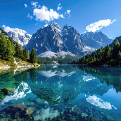 Fototapeta premium Serene alpine lake reflecting majestic peaks under a vibrant sky