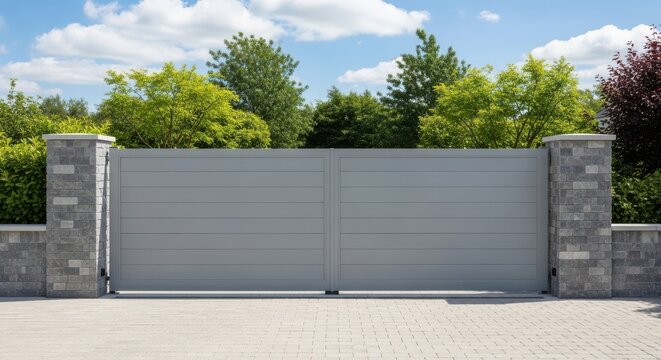 Modern gray sliding gate with stone pillars and lush greenery under a blue sky