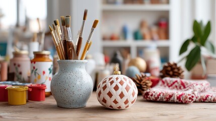 Crafting table with art supplies and handmade christmas decorations