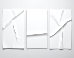 Three white, creased, rectangular panels on a light gray background