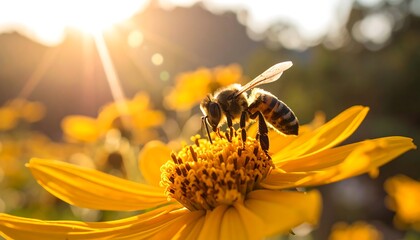 Bee pollinating a bright yellow flower in sunlight
