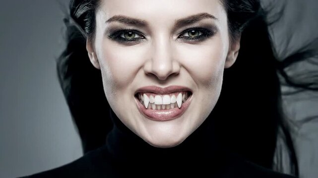 Vampire Woman with Hair Blowing Away from Face Showing Fangs Close-Up