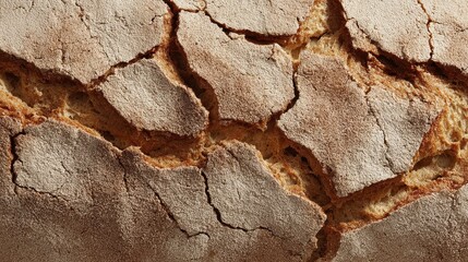 Fototapeta premium Rustic sourdough bread crust with deep cracks and flour dusting texture.