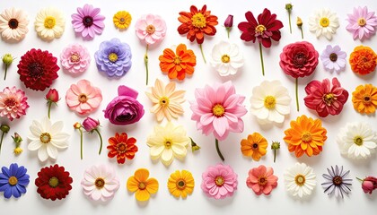 Colorful flower arrangement, various types and colors, laid out on a white background