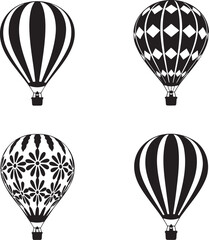 Obraz premium Minimalist Hot Air Balloon Silhouette Icon Set – 2x2 Grid with Striped, Diamond, Floral, and Abstract Patterns 