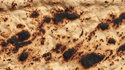 Overhead shot of delicious flatbread featuring dark charred spots and rich texture.