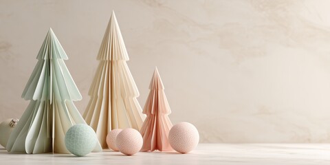 Fototapeta premium clean minimalistic Christmas composition with folded paper trees in soft pastel shades of cream, mint, and blush pink, elegant pastel ornaments placed on flat surface, gentle matte textures