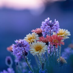 Obraz premium Vibrant cluster of dew-kissed wildflowers in soft blue light water droplet