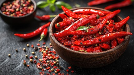 Spicy Red Chili Peppers in Wooden Bowl, Close-up