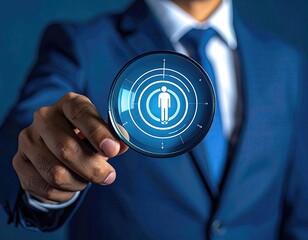 Businessman holds magnifying glass focusing on a digital profile icon