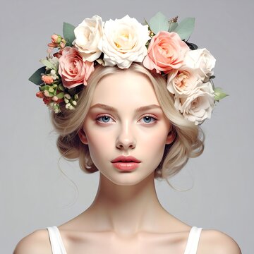 Blonde woman with a floral crown, soft makeup, and an elegant updo