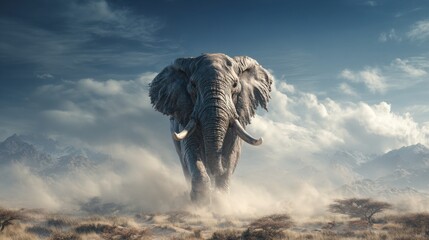Fototapeta premium a colossal, world’s largest elephant charging forward, its massive body towering over the landscape, filling the frame with overwhelming scale, tiny trees and mountains in the background to emphas