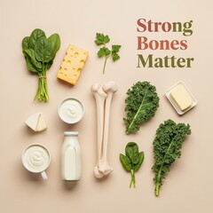 Flat lay photo of model bones surrounded by calcium-rich foods, promoting bone health, nutrition, and World Osteoporosis Day