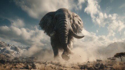 Fototapeta premium a colossal, world’s largest elephant charging forward, its massive body towering over the landscape, filling the frame with overwhelming scale, tiny trees and mountains in the background to emphas