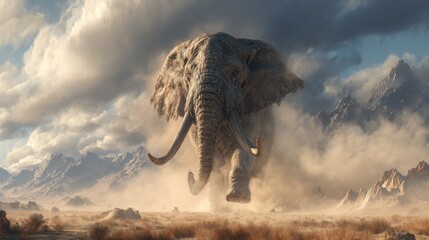 Fototapeta premium a colossal, world’s largest elephant charging forward, its massive body towering over the landscape, filling the frame with overwhelming scale, tiny trees and mountains in the background to emphas