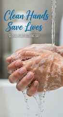 Global Handwashing Day theme: hands washing under water, promoting clean hands save lives for public health and hygiene awareness