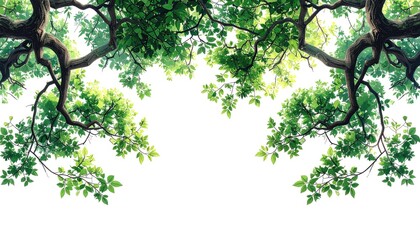 Lush green branches and leaves arching over a white background
