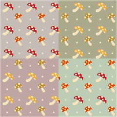 ポップでかわいい秋のキノコのシームレスパターンセット