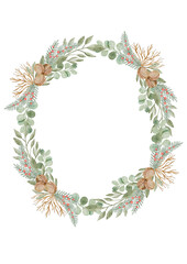 Digital watercolor wreath with golden-toned foliage and subtle accents, great for luxurious and elegant holiday stationery.