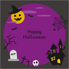 かわいいハロウィンの丸いフレーム　ホラーな館と墓地のイラスト