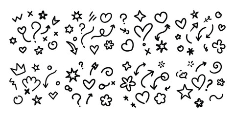 Hand Drawn Doodle Elements Set with Hearts Stars Arrows and More
