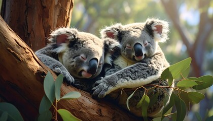 Two koalas cuddling in a tree