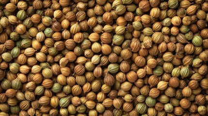 Abundant green and brown coriander seeds form a natural textured background