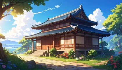 Japanese temple in a sunny landscape