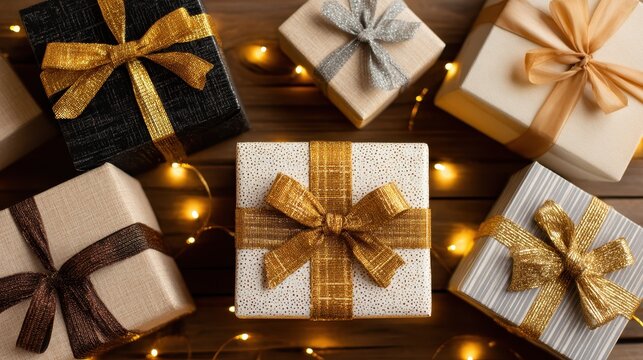 Festive gift boxes with sparkling ribbons and string lights on a wooden table.