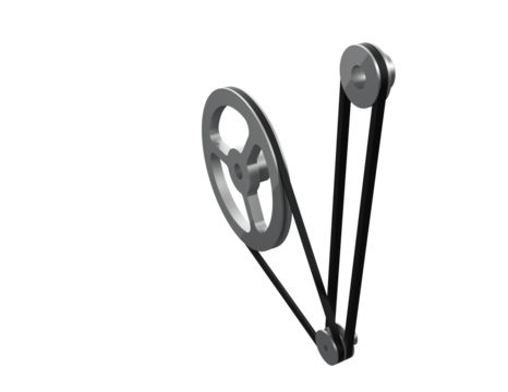 Industrial Mechanical Pulley: Isolated, High-Res 3D Render of Grey Drive Wheels, Dynamic Red and Green Belts. Symbolizing Efficient Power Transfer, Rotary Motion for Engineering, Technical, Machine