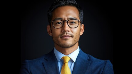 Striking Portrait: Confident Asian Man in Blue Suit, Yellow Tie, and Modern Glasses, Direct Gaze
