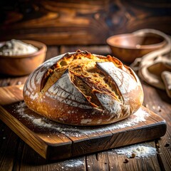 Artisan sourdough loaf on rustic wooden board