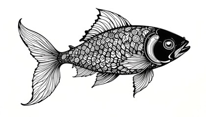 Intricate Black and White Fish Illustration – Stylized Line Art with Decorative Patterns and Flowing Fins