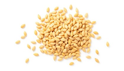 Pile of light-colored sesame seeds on a white background   