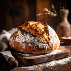 Artisan sourdough loaf on rustic wooden board (1)