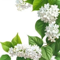 White lilac blossoms and leaves frame a blank space