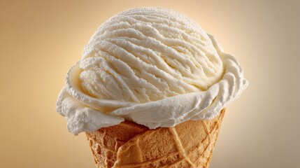 a single scoop of creamy vanilla ice cream, freshly extracted with a scooper, showing fine ridges and smooth textured curves. The scoop is perfectly placed on top of a golden crisp sugar cone
