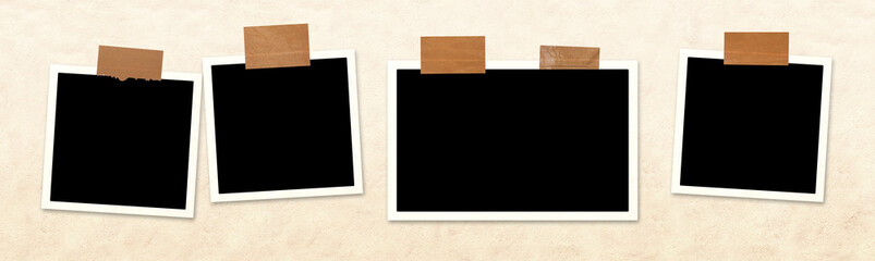 Four frame photos with adhesive tape stripes at stucco wall. Horizontal banner featuring a pictures album grid for scrapbooking. Vintage style mood board layout. Copy space for your text and photo