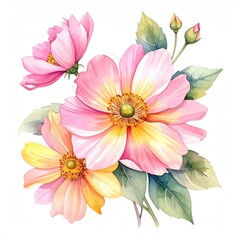 Delicate watercolor bouquet of pink and yellow flowers