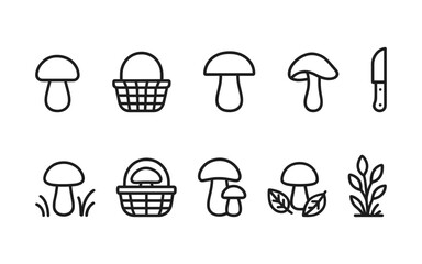 Set of ten outline icons related to mushroom picking. Black linear vector illustrations of mushrooms, baskets, knife, leaves, and grass in hand-drawn minimal style.