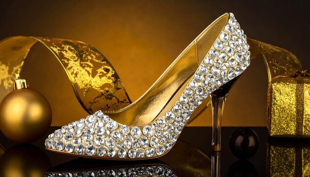 Gold high-heeled shoe, adorned with crystals, and festive gold ribbon