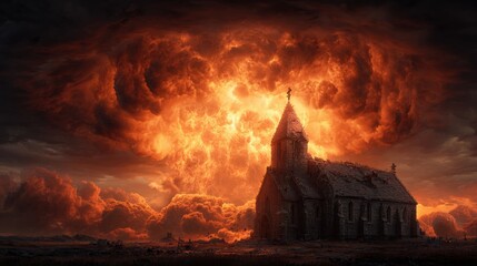 Dramatic apocalyptic sky engulfs ancient church ruins with fiery clouds and intense light, evoking a sense of impending doom and profound change.