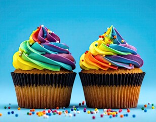 Two colorful cupcakes with rainbow frosting, topped with sprinkles, on a bright blue background