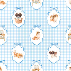 Cute Dog Seamless Print design, Shih Tzu Illustrations with Bows and Frames
