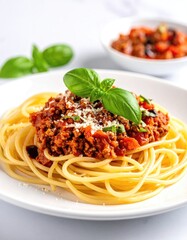 Plate of spaghetti with meat sauce, topped with basil and cheese