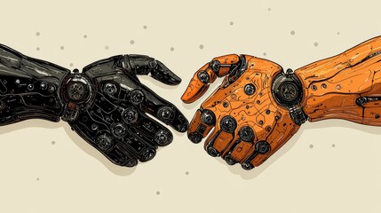 Stylized Black and Orange Robotic Hands Reaching for Connection, AI Partnership Concept