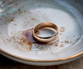 Timeless Bond: Close-up of a golden wedding band in a delicate, patterned bowl, a silent testament to enduring love and commitment.